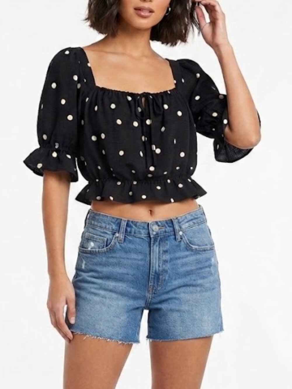H&M Black & White Polka Dot Crop Top with Puff Sleeves Smock Back Size L
